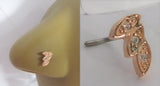 18k Rose Gold Filled Triple Leaf Crystal Nose Stud L Shape Pin Post 20 gauge 20g