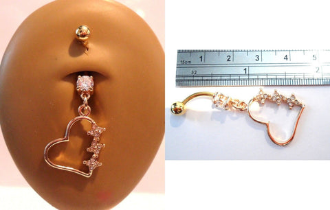 Gold Titanium Clear Crystal Open Heart Belly Curved Bar Dangle Ring 14 gauge 14g - I Love My Piercings!