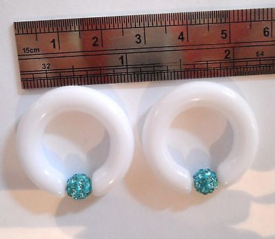 Pair White Acrylic Plastic Ear Lobe Hoops Captives Aqua Crystal 2 gauge 2g - I Love My Piercings!