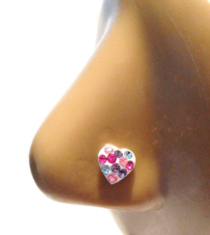 Sterling Silver Mosaic CZ Crystal Heart L Shape Post Pin Stud Nose Ring 20 gauge - I Love My Piercings!