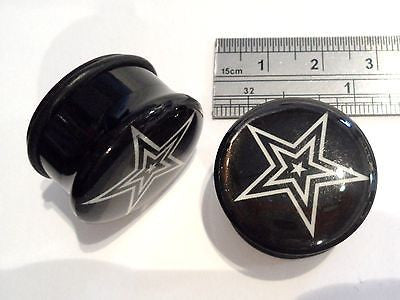 Pair 2 pieces Single Flare White Star Black Plugs O rings 7/8 inch - I Love My Piercings!