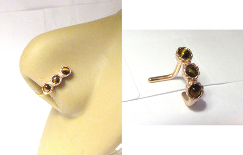 18K Gold Plated L Shape Nose Ring Stud Hoop Brown Cats Eye 18 gauge 18g - I Love My Piercings!