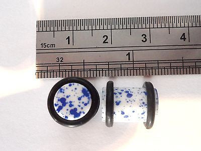 2 pieces Pair Blue Paint Splatter No Flare Lobe Plugs 0 gauge 0g O rings - I Love My Piercings!