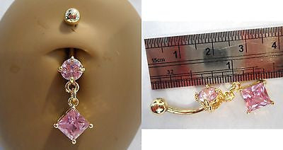 Gold Titanium Pink Crystal Dangle Belly Ring Curved Barbell 14 gauge 14g - I Love My Piercings!