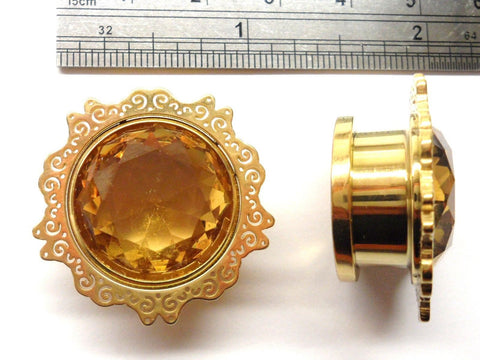 Gold Titanium Amber Filigree Ornate Ear Lobe Jewelry Screw Plugs 5/8 inch - I Love My Piercings!