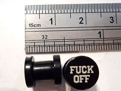 BLACK Screw Fit  Acrylic Plugs F*CK OFF Logo 2 gauge - I Love My Piercings!