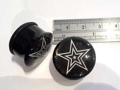 Pair 2 pieces Single Flare White Star Black Plugs O rings 3/4 inch - I Love My Piercings!
