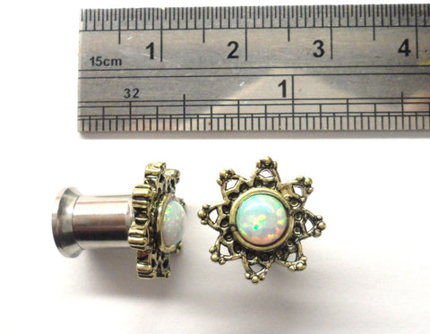 Surgical Steel Star Flower Opal Double Flare Ear Lobe Jewelry Plugs 2 gauge 2g - I Love My Piercings!