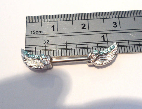 Surgical Steel Aqua CZ Crystal Wings Nipple Straight Barbell Ring 14 gauge 14g - I Love My Piercings!