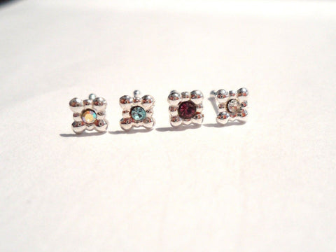 4 Piece Sterling Silver Beaded Square CZ Nose Bones Ball End Post Pin 22 gauge - I Love My Piercings!
