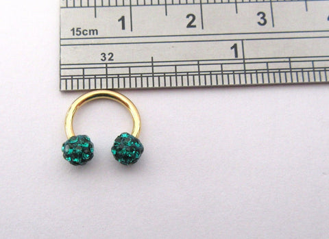 Gold Titanium Small 8 mm Horseshoe Hoop Ring Dark Green Crystal Balls 16 gauge - I Love My Piercings!