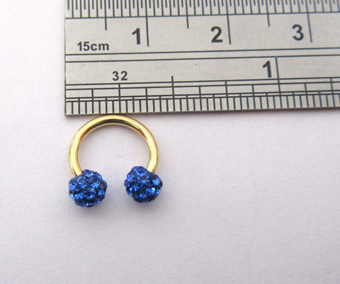 Gold Titanium Small 8 mm Horseshoe Hoop Ring Dark Blue Crystal Balls 16 gauge - I Love My Piercings!