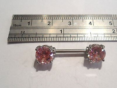 Pink Round CRYSTAL Straight Barbell Fancy Nipple Ring 14 gauge 14g - I Love My Piercings!