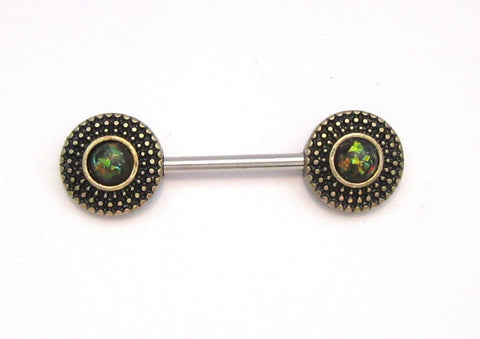 Green Opalite Shield Disk Straight Bar Post Barbell Nipple Ring 14 gauge 14g - I Love My Piercings!