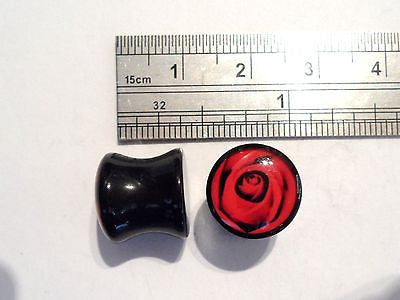 Pair 2 pieces Double Flare Acrylic Black Red Rose Plugs Ear Lobe 00 gauge 00g - I Love My Piercings!