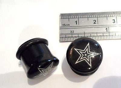 Pair 2 pieces Single Flare White Star Black Plugs O rings 1/2 inch - I Love My Piercings!