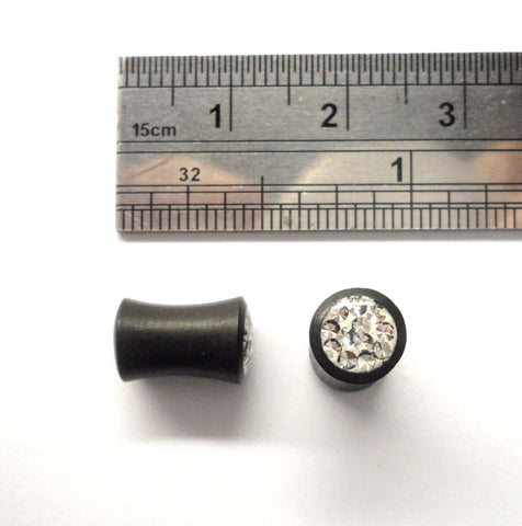 Pair Black Wood Clear Crystal CZ Cluster Gems Double Flare Plugs 2 gauge 2g - I Love My Piercings!