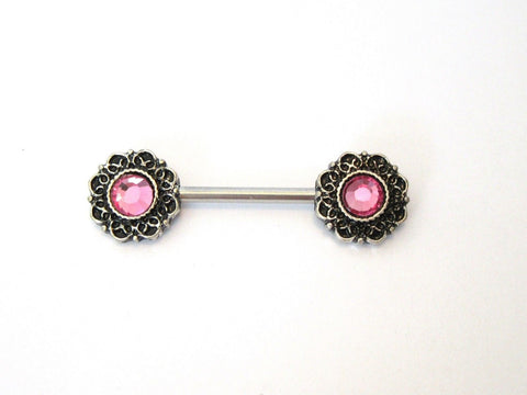 Filigree Pink Crystal CZ Flower Straight Bar Post Barbell Nipple Ring 14 gauge - I Love My Piercings!