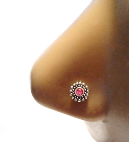 Sterling Silver Beaded Pink CZ Shield L Shape Post Pin Stud Nose Ring 20 gauge - I Love My Piercings!