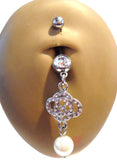 Surgical Steel Pearl Drop CZ Crystal Belly Curved Barbell Ring Bar Jewelry 14g - I Love My Piercings!