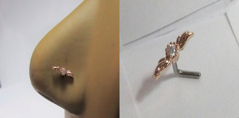 18k Rose Gold Plated Clear Crystal Wings Nose L Shape Pin Post Stud 20 gauge