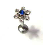 Surgical Steel Cartilage Lip Earring Clear Blue Crystal Flower Stud Bar 16 gauge - I Love My Piercings!