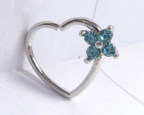Surgical Steel Aqua Crystal Flower Heart Cartilage Hoop Ring Seamless 16 gauge