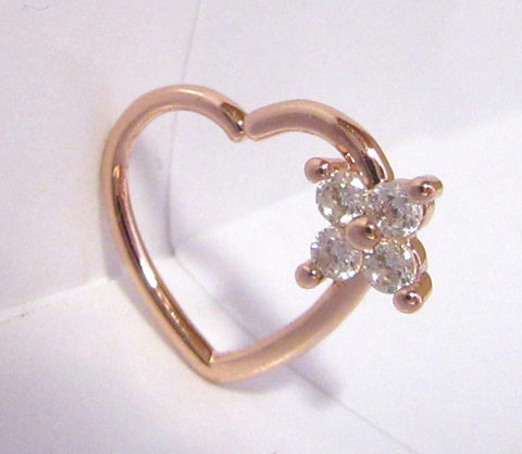 18k Rose Gold Plated Clear Crystal Heart Cartilage Hoop Ring Seamless 16 gauge