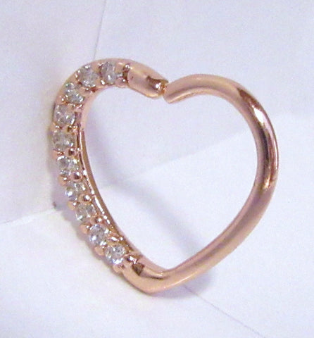 18k Rose Gold Loaded Crystal Heart Cartilage Hoop Ring Seamless 16 gauge 16g