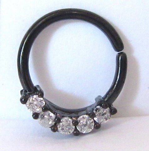 Black Titanium Clear Gems CZ Cartilage Hoop Ring Seamless 16 gauge 16g