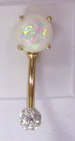 14k Gold Plated White Opalite Clear Crystal Ball VCH Clit Hood Bar 14 gauge 14g