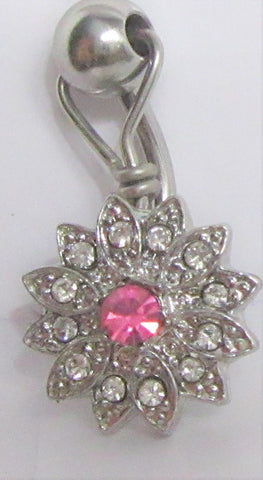Surgical Steel Pink Flower Crystal CZ Gem Dangle VCH Vertical Clit Clitoral Hood Ring 14g