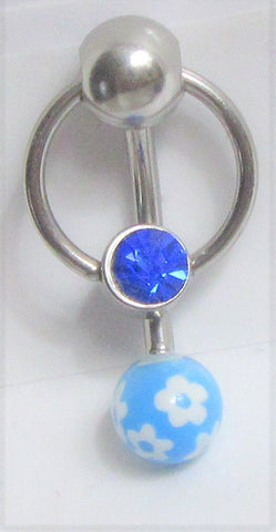 Surgical Steel Blue Gem Hoop Flower Dangle Barbell VCH Clitoral Hood Ring 14g