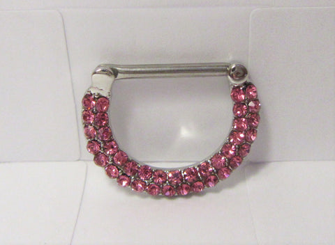 Surgical Steel Loaded Pink Crystal Half Hoop Nipple Straight Barbell 14 gauge