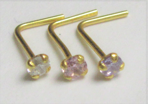 18k Gold 2mm Pink Purple Clear CZ Nose Stud Earring Straight Pin Post L Shape 22