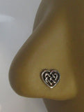 Sterling Silver Nose Stud Pin Ring Bent L Shape Celtic Heart 20 gauge 20g
