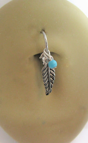 Surgical Steel Turquoise Feather Belly Hoop Ring 16 gauge 16g