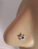 Surgical Steel Clear Blue Crystal Loaded Flower Ball End Nose Bone Stud 20 gauge - I Love My Piercings!