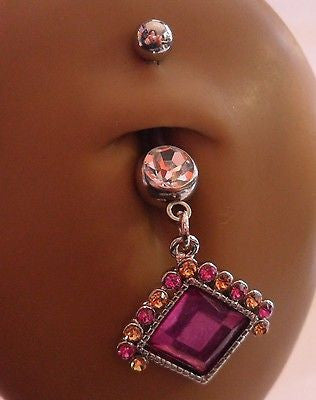 Surgical Steel Belly Ring Pink Citrine Crystals  Dangle 14 gauge 14g - I Love My Piercings!