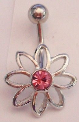 Surgical Steel Pink Flower Belly Ring Barbell fancy Crystal Gem 14 gauge 14g - I Love My Piercings!