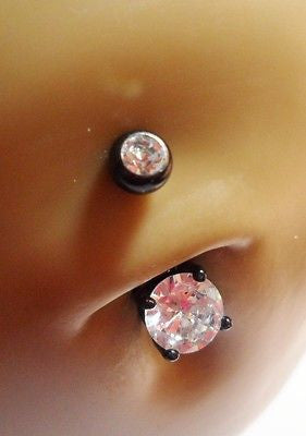 Black Titanium Solitaire Clear Crystal Jewel Belly Ring 14 gauge 14g Round Cut - I Love My Piercings!