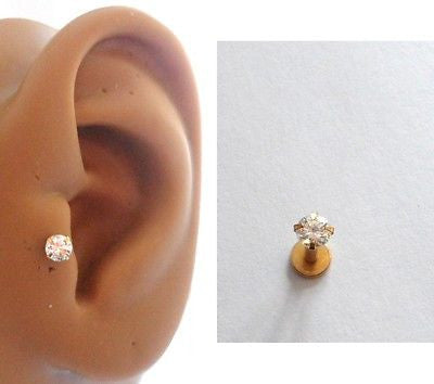 Gold Titanium Clear Crystal Tragus Stud Barbell Post 16 gauge 16g - I Love My Piercings!