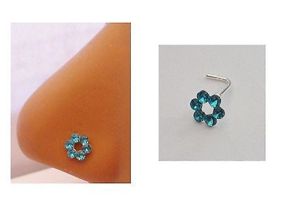 Sterling Nose Stud Ring L Shape Large Open Flower Crystal Aqua 20g 20 gauge - I Love My Piercings!
