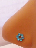 Sterling Nose Stud Ring L Shape Large Open Flower Crystal Aqua 20g 20 gauge - I Love My Piercings!