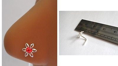 Sterling Silver Nose Stud Pin Ring L Shape Crystal Flower 20g 20 gauge Red - I Love My Piercings!