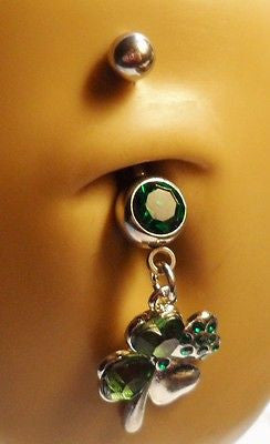 Surgical Stainless Steel Dangle Belly Ring 4 Four Leaf Clover Green 14 gauge 14g - I Love My Piercings!