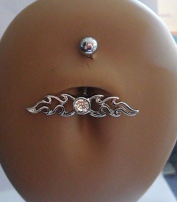 Surgical Steel Tribal Flame Belly Ring Barbell Crystal Gem 14 gauge 14g Clear - I Love My Piercings!