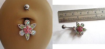 Surgical Steel Belly Ring Barbell Peridot Pink Crystals Flower 14 gauge 14g - I Love My Piercings!