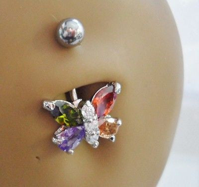 Surgical Steel Belly Ring Barbell Dangle Jeweled Mosaic Butterfly 14 gauge 14g - I Love My Piercings!