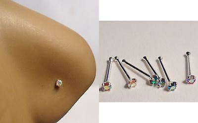 6 Claw Set Nose Bones Straight Ball End Rings Pins AB Crystal 22 gauge 22g - I Love My Piercings!